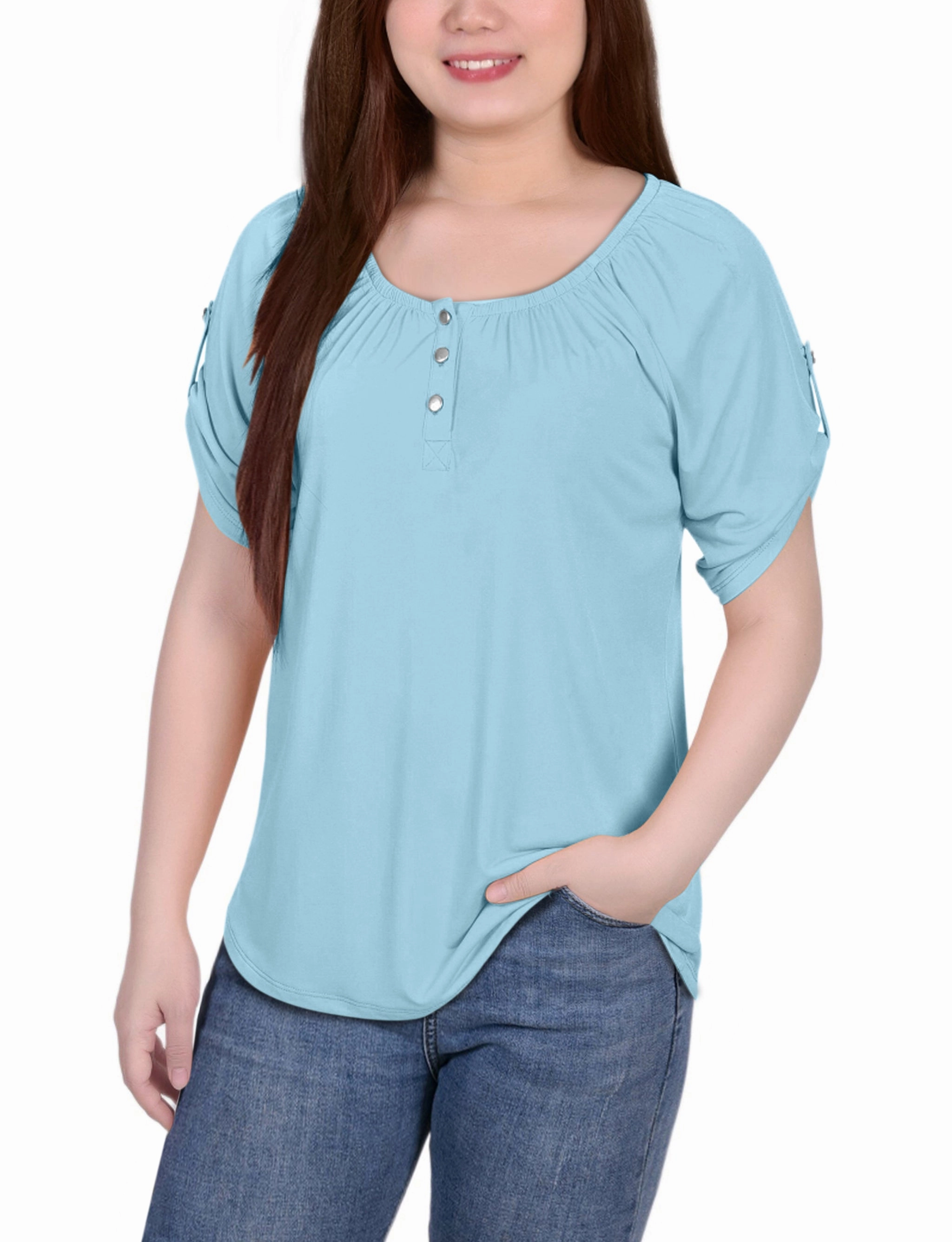 Raw Edge Finish NonToxicCoating Petite Short Sleeve Round Neck Henley Top