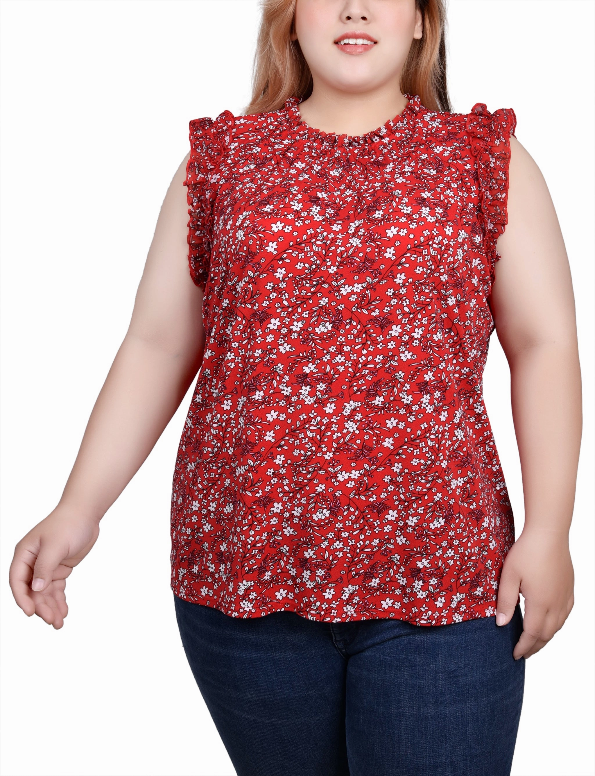 Plus Size Sleeveless Crepe Top With Chiffon Ruffles All Over Print Technique TemperatureRegulatingLining