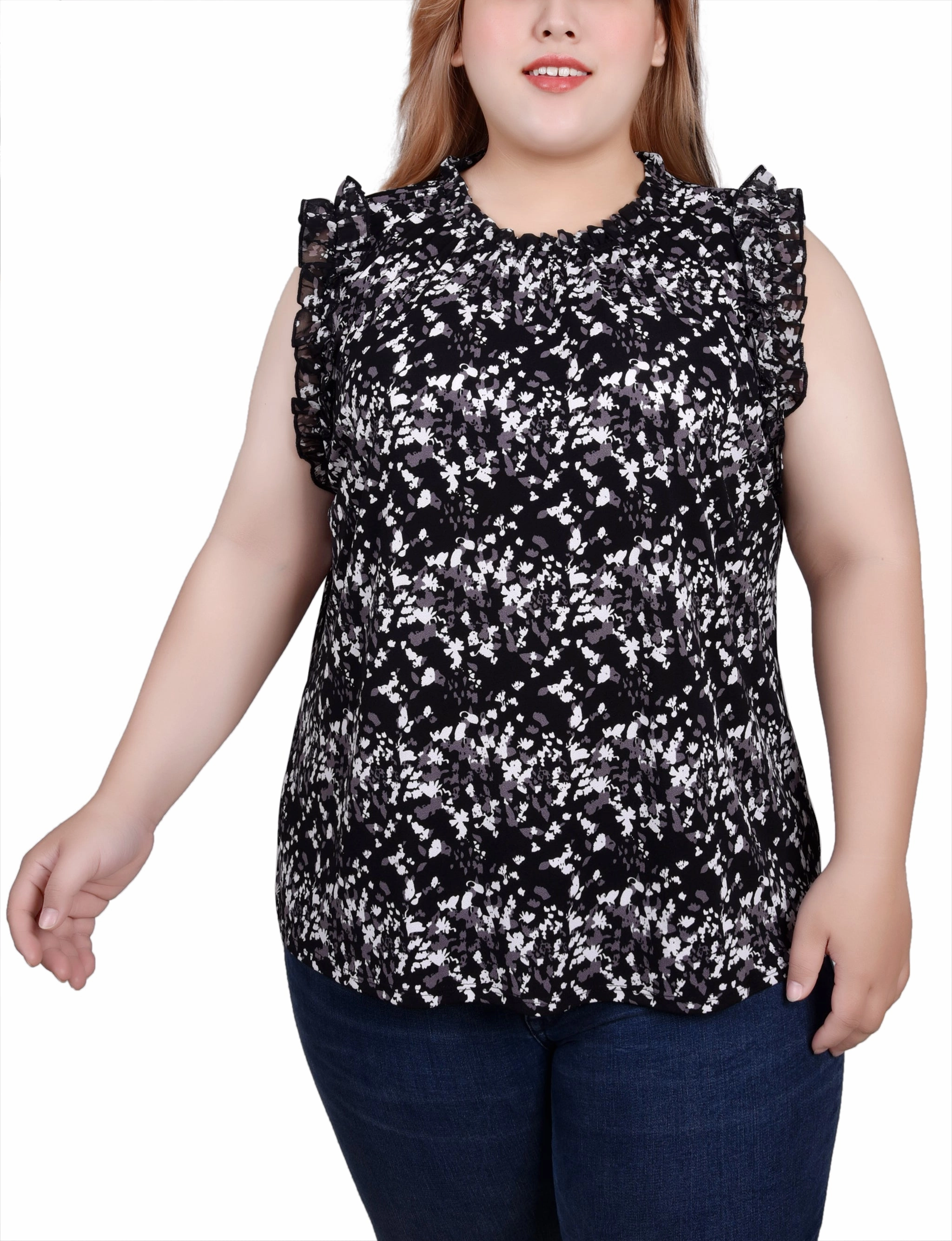 Lightweight Material Plus Size Sleeveless Crepe Top With Chiffon Ruffles