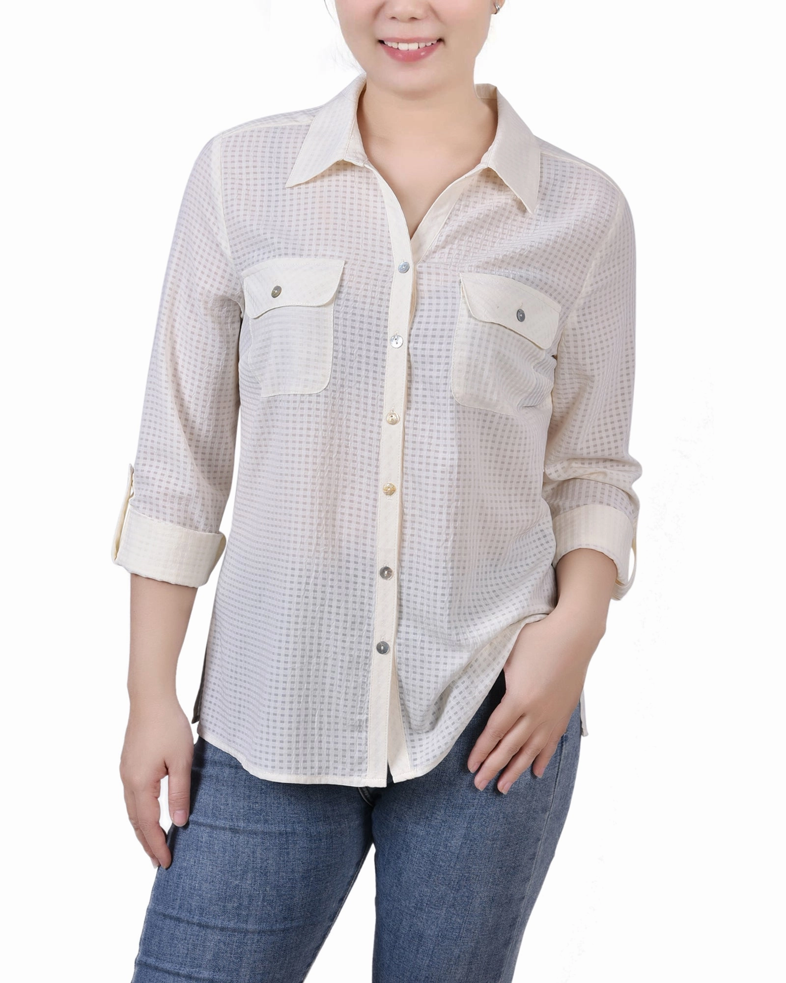 EcoFriendly Dye Petite 3/4 Sleeve Windowpane Blouse