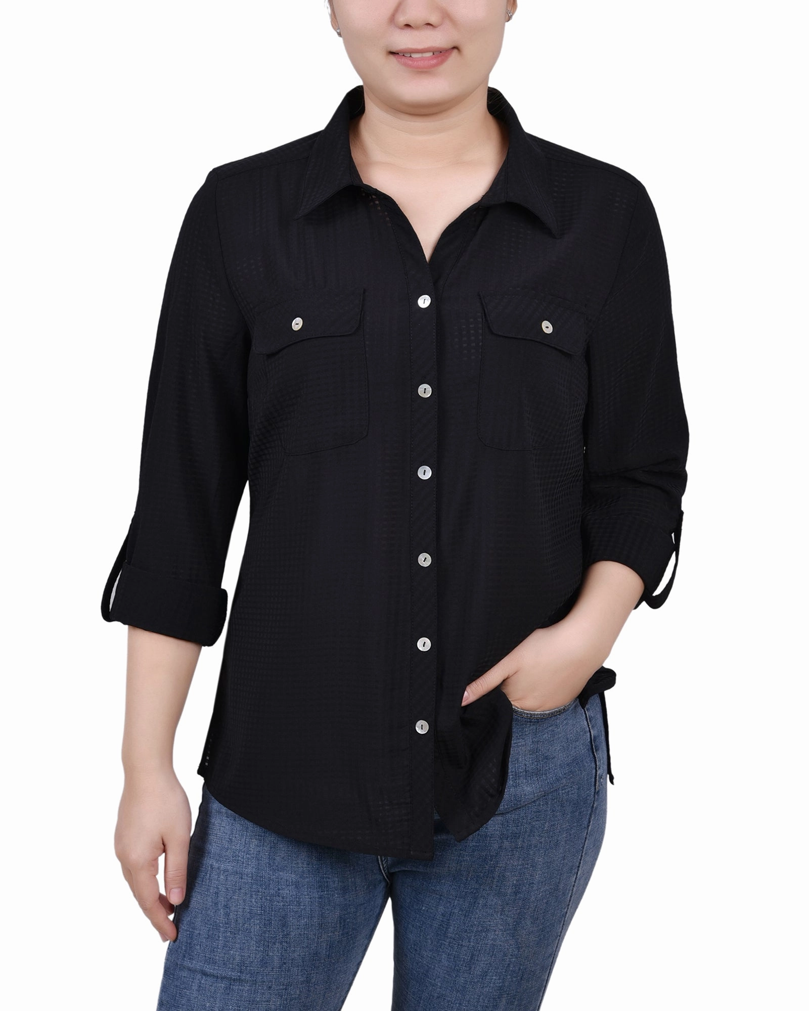 Ventilated Back Panels ContrastTipping Petite 3/4 Sleeve Windowpane Blouse