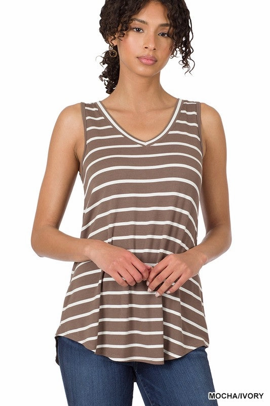 Stefani Stripe Sleeveless V-neck Top S-3XL Laser Cut Edges