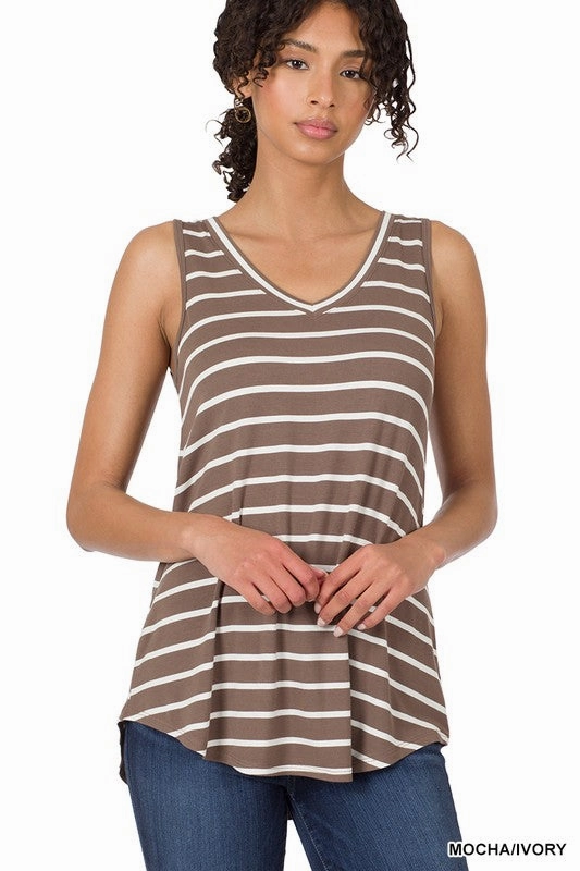 Stefani Stripe Sleeveless V-neck Top S-3XL SeamlessConstruction preshrunk