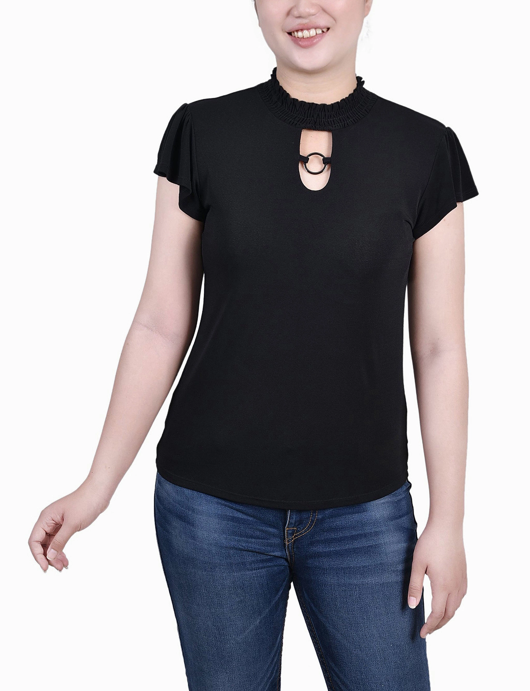 Reflective Trim Petite Short Flutter Sleeve Mock Neck Top