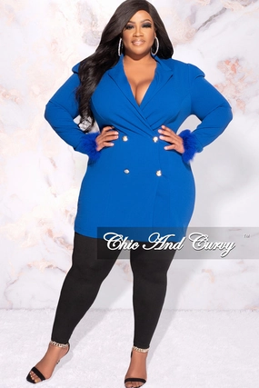 Final Sale Plus Size Button Blazer Dress with Feathers Cuffs in Royal Blue Quality Fabric