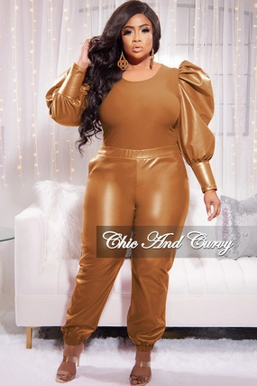 Final Sale Plus Size 2pc Faux Leather Puff Sleeve Top and Pants Set in Cognac Body Sculpting Stretch Flex