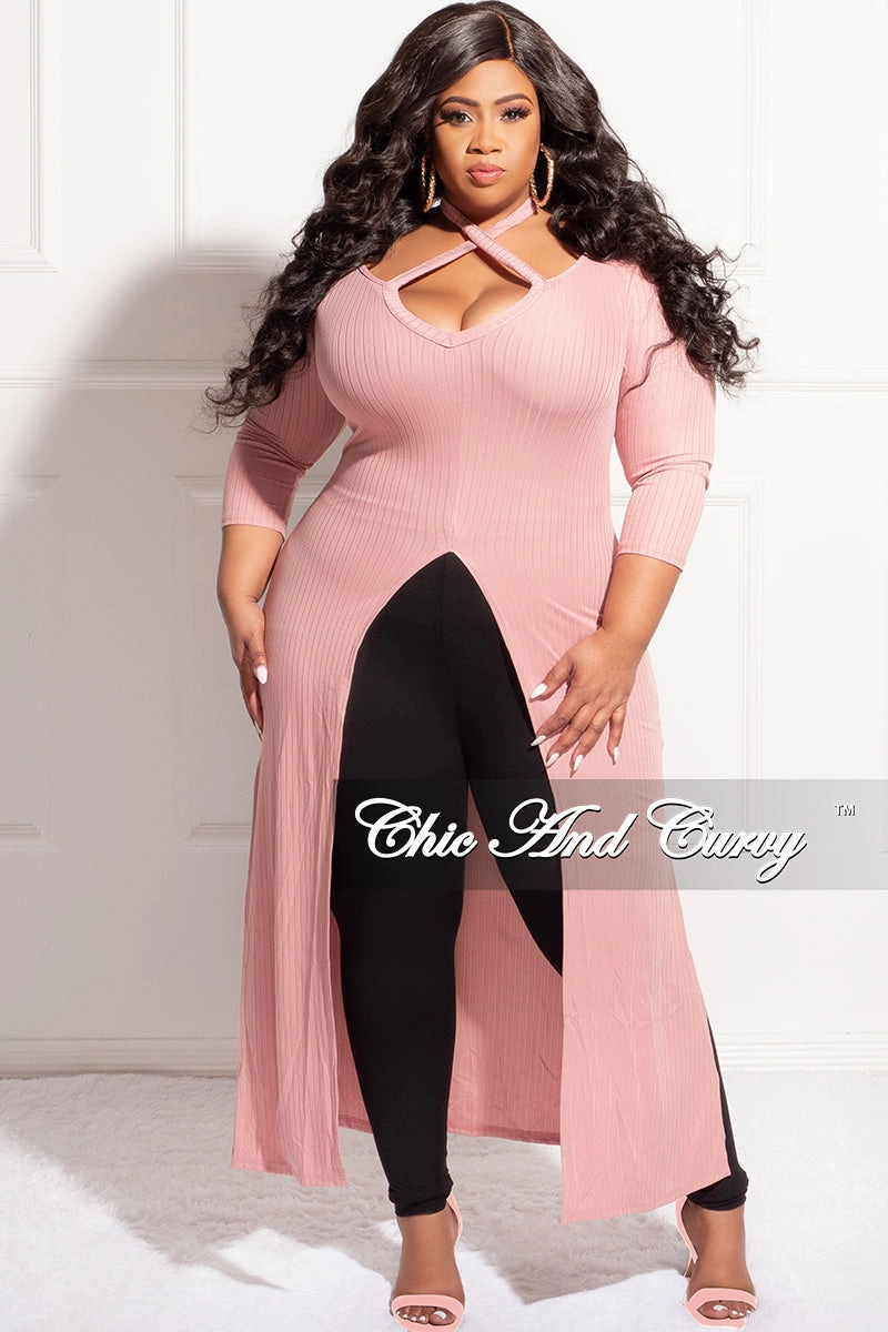 Final Sale Plus Size Ribbed Long Tunic Top in Mauve Premium Stretch
