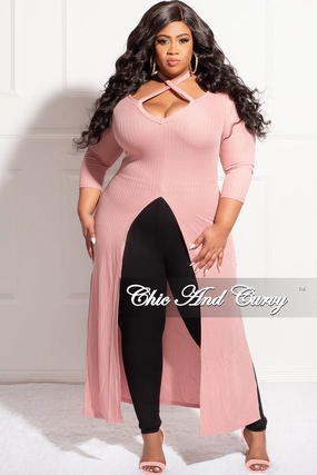 Final Sale Plus Size Ribbed Long Tunic Top in Mauve Premium Stretch
