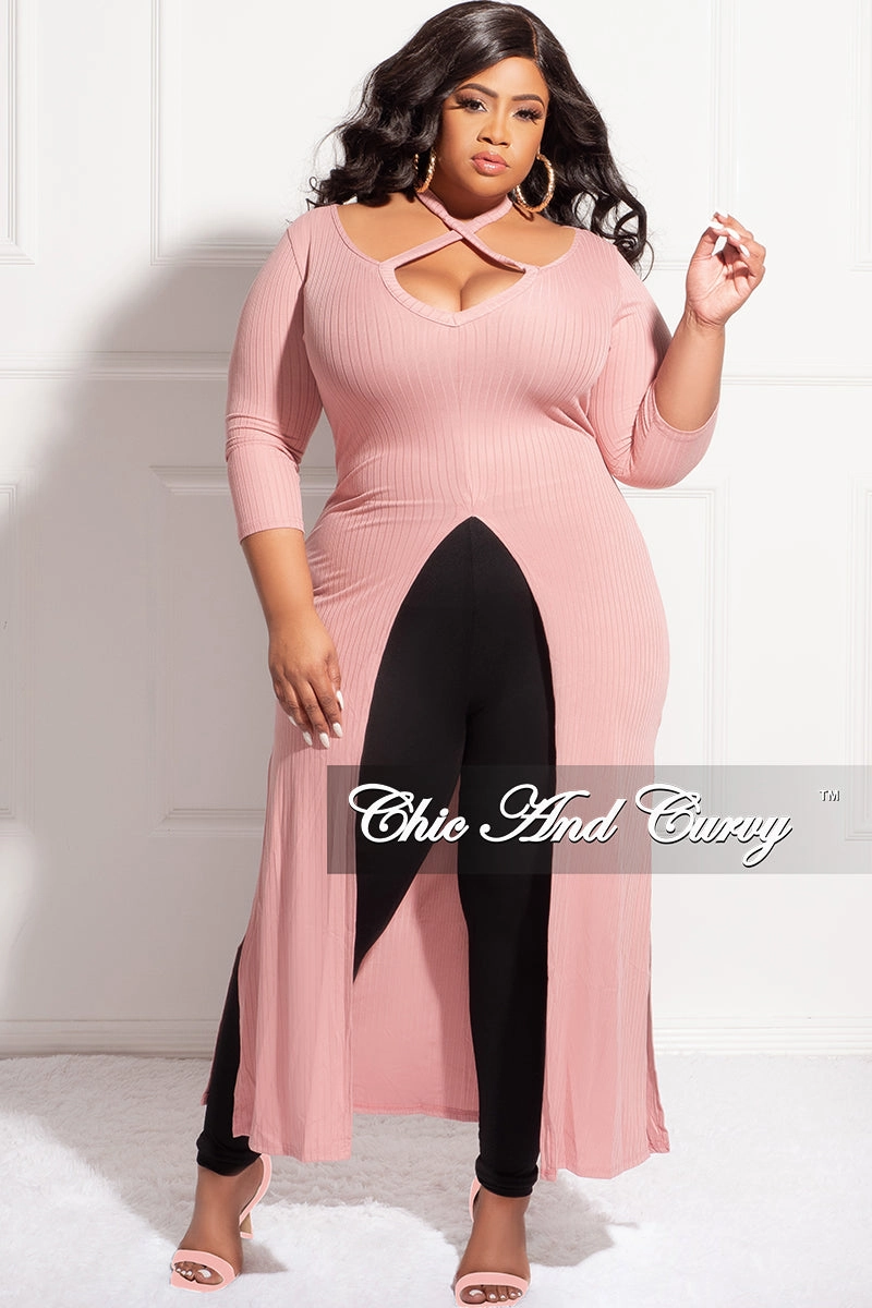 Flexible Waistband Final Sale Plus Size Ribbed Long Tunic Top in Mauve