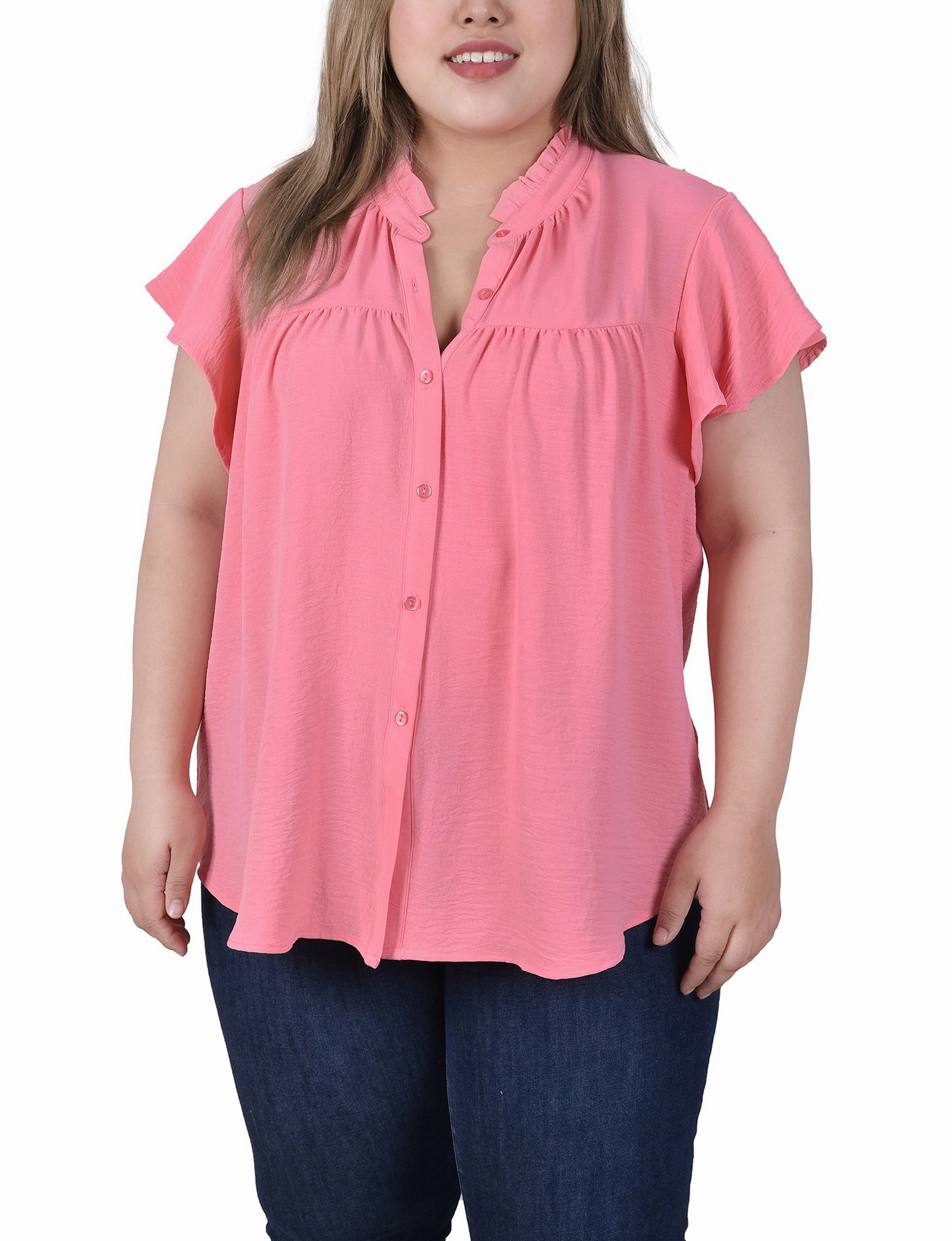 Hidden Ventilation Zones Plus Size Flutter Sleeve Ruffle Neck Blouse