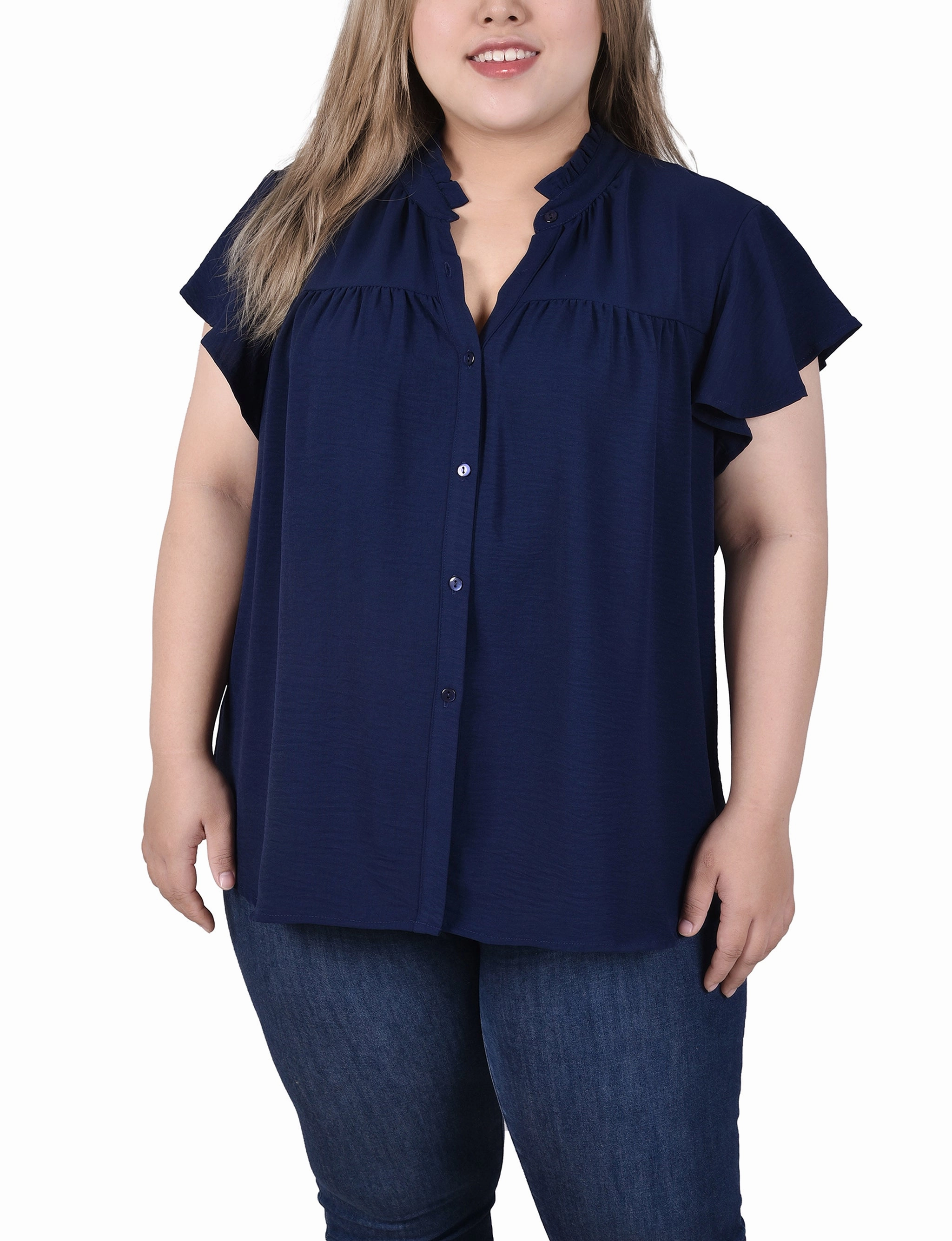 Durable Stitching Plus Size Flutter Sleeve Ruffle Neck Blouse
