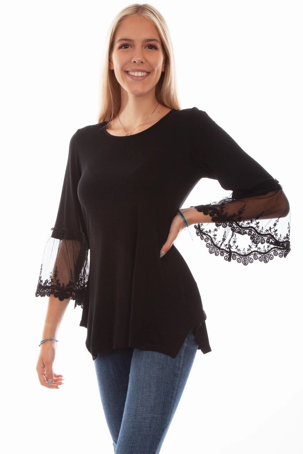 Non-Iron Fashionable Look Scully Womens Tulle Crochet Black Rayon S/S Tunic