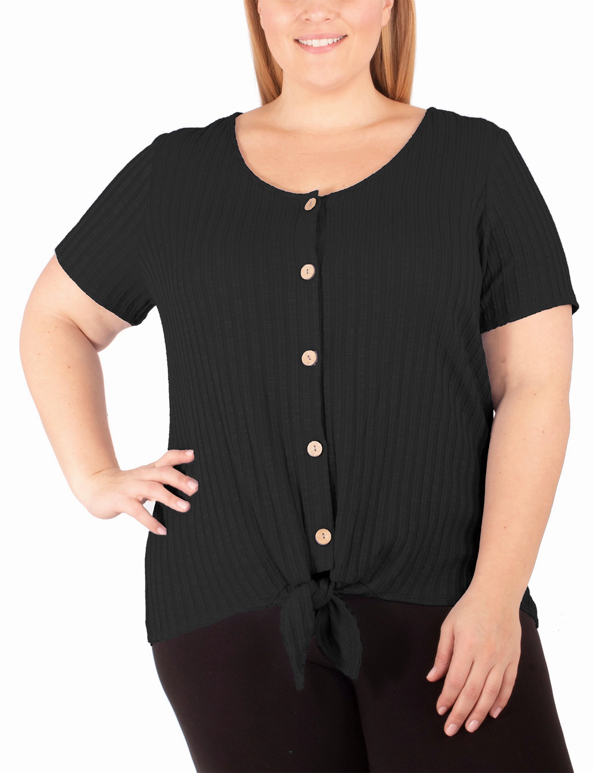Plus Size Short Sleeve Button Front Top With Tie At Hem Soft Blended Fabric Hidden Pocket Design
