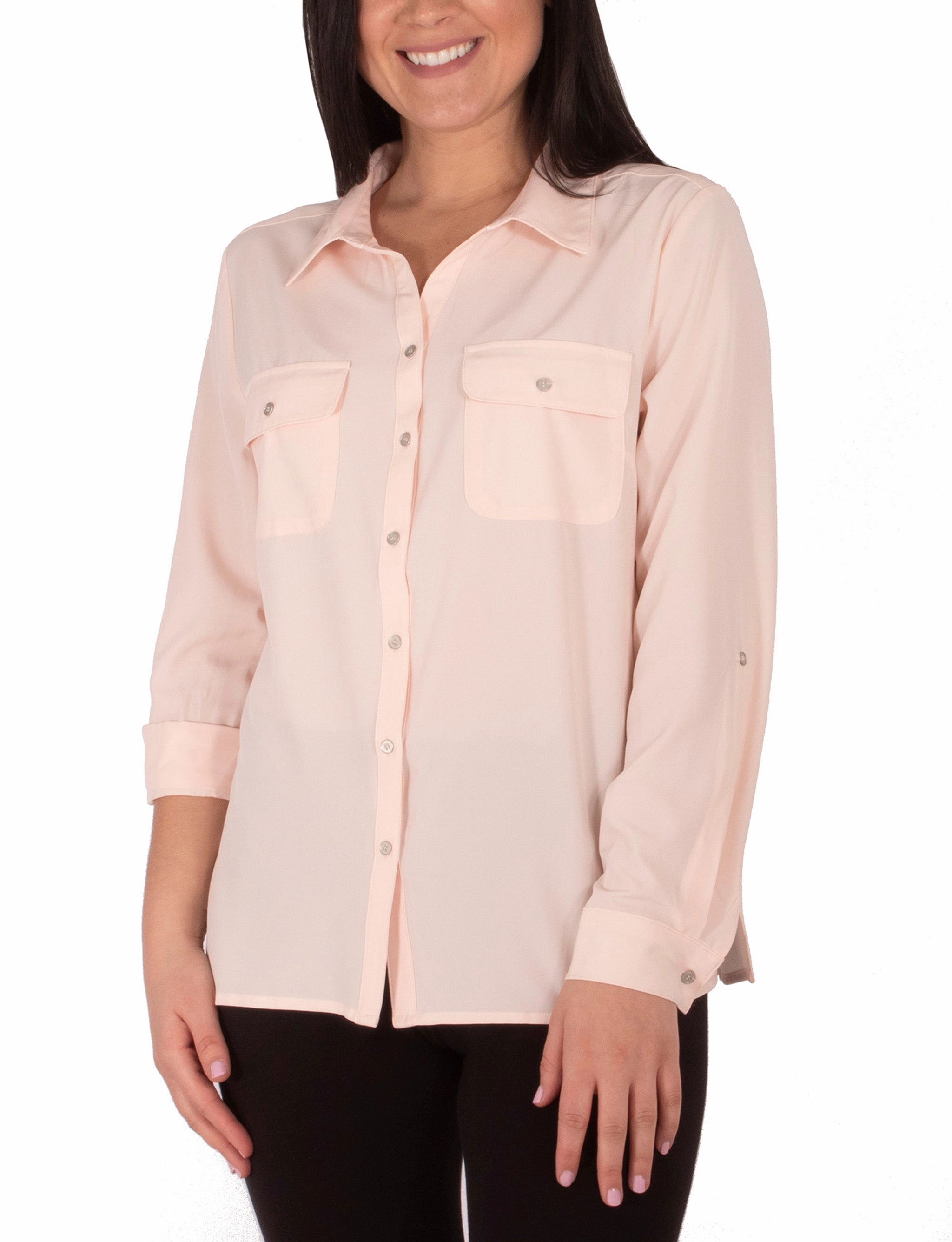 Long Sleeve Y Neck Blouse With Flap Pockets Layered Neckline