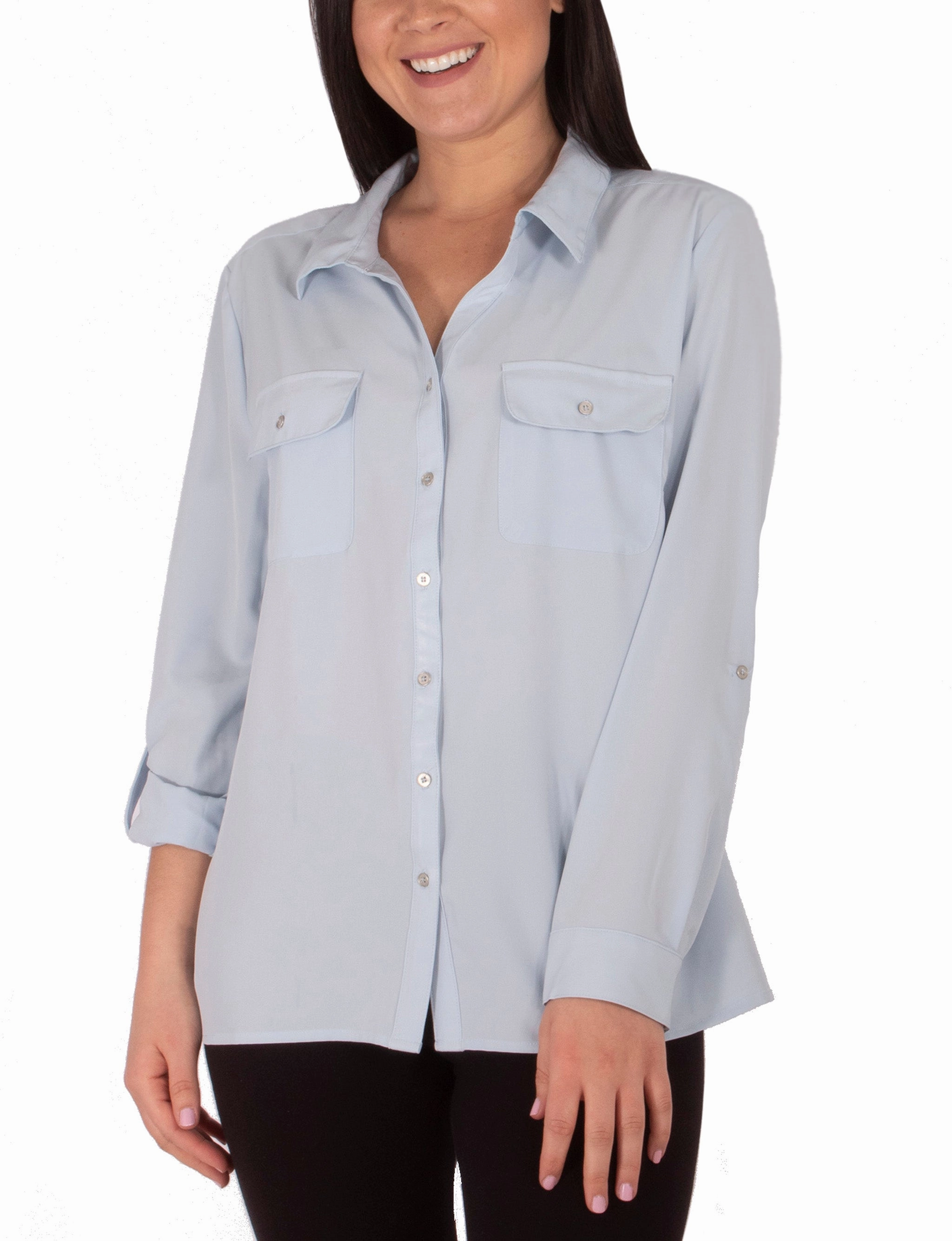 NoiseReduciting Zipper Long Sleeve Y Neck Blouse With Flap Pockets