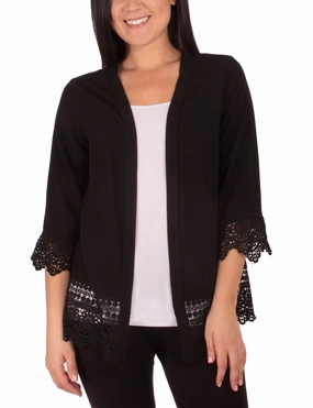 Two Tone Texture Effect Long Cardigan With Crochet-Trimmed Cuffs And Hem