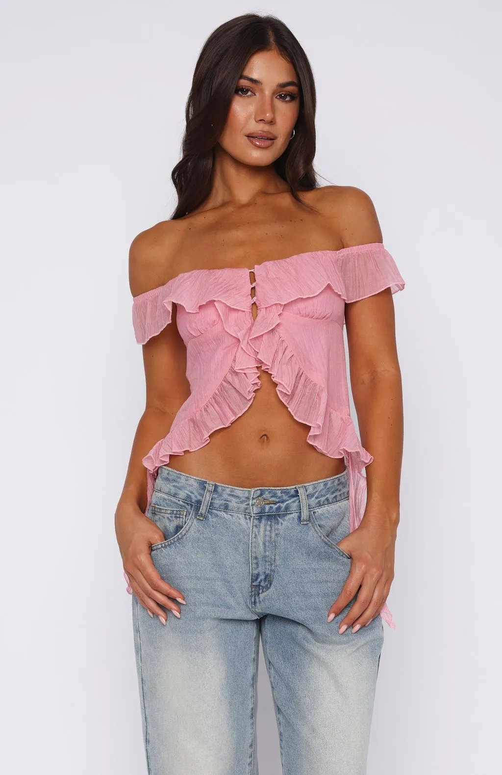 Love The View Off Shoulder Top Candy Sheer Overlay Material Office Attire