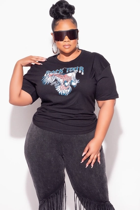 Final Sale Plus Size "Rock Tour'" Graphic Top in Black and Blue Layer Comfort Outdoor Essentials