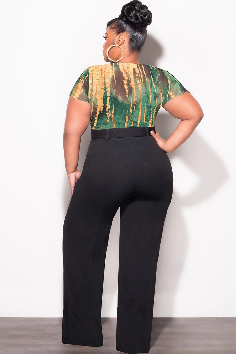 Final Sale Plus Size Short Sleeve Mesh Top with Front Cutout in Green and Mustard Comfort Wearable