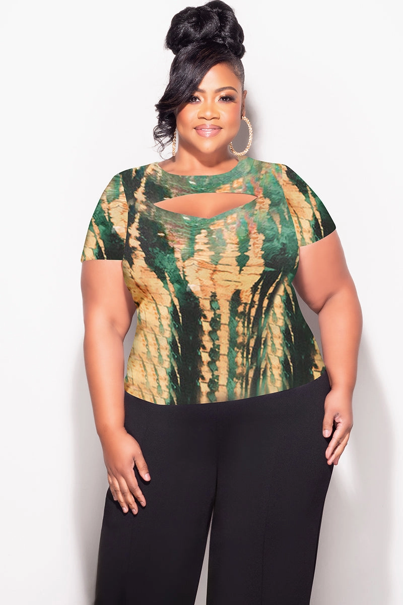 Final Sale Plus Size Short Sleeve Mesh Top with Front Cutout in Green and Mustard Breathable layers Daily Motion