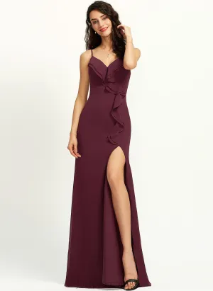 Length Ruffle Sheath/Column Floor-Length Silhouette Embellishment V-neck SplitFront Neckline Fabric Gwendoline Sleeveless Bridesmaid Dresses