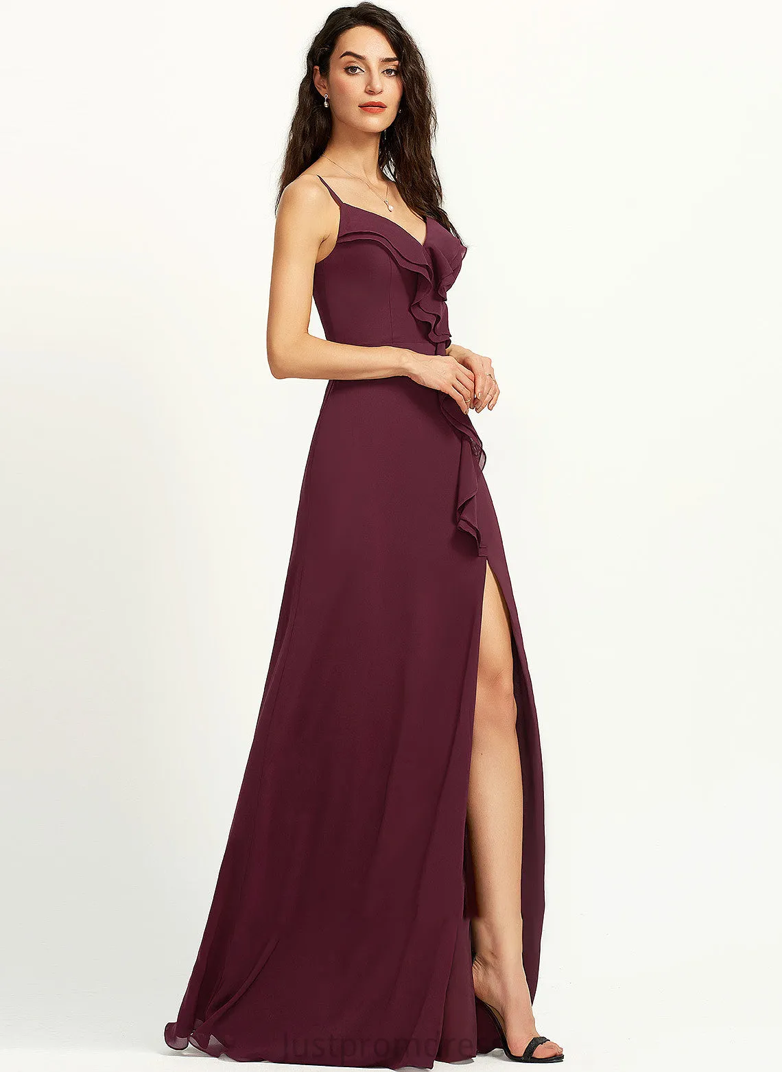 Length Ruffle Sheath/Column Floor-Length Silhouette Embellishment V-neck SplitFront Neckline Fabric Gwendoline Sleeveless Bridesmaid Dresses