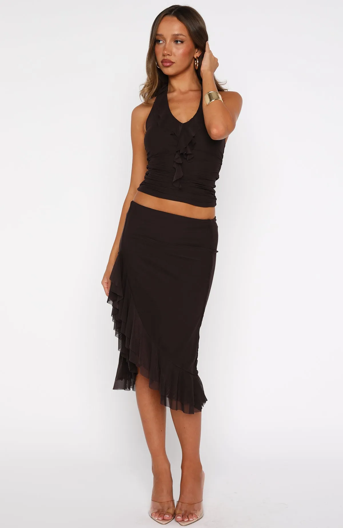 Let It Breathe Midi Skirt Espresso Tiered Design