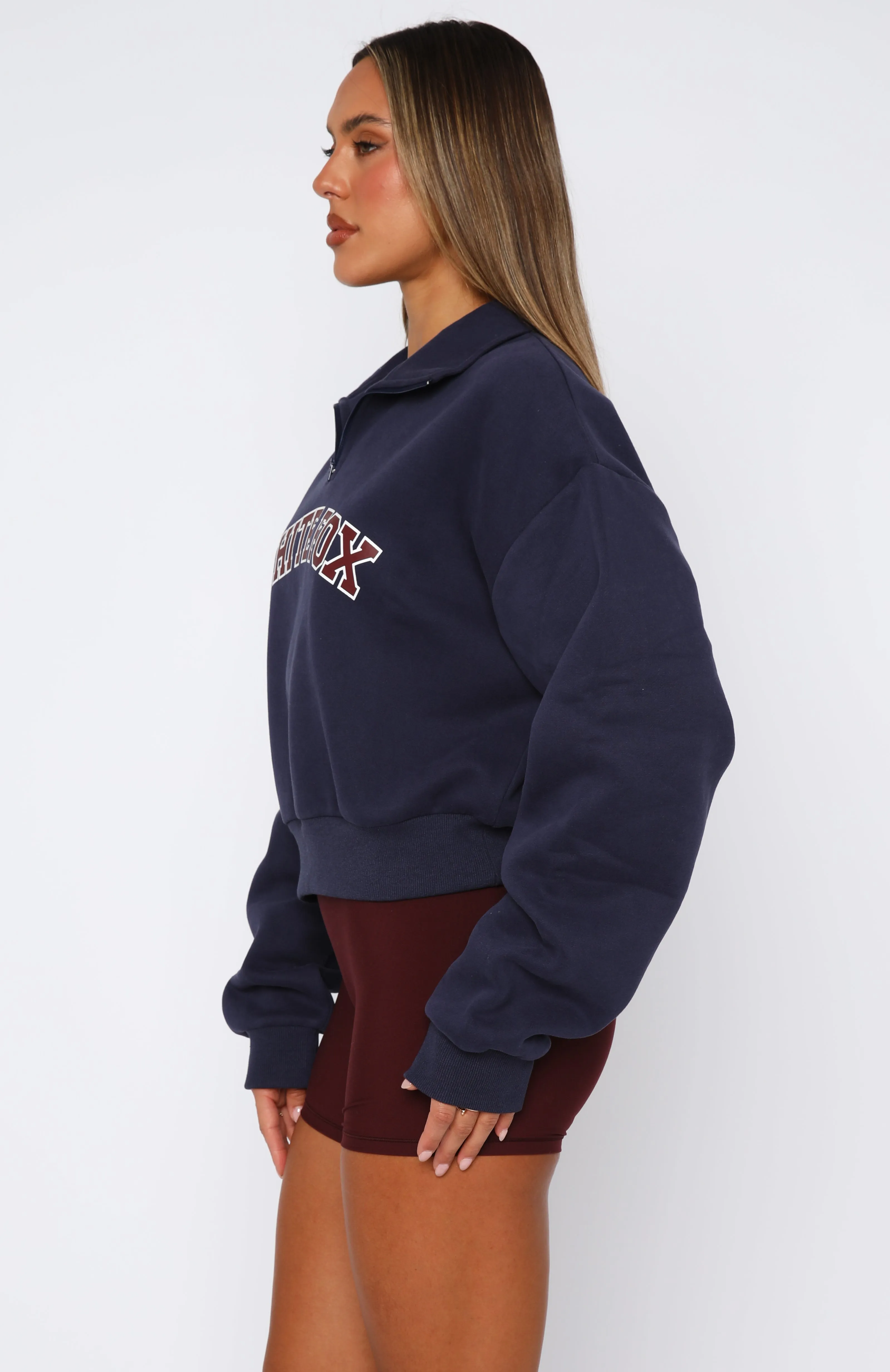 Quick Access Zipper QuickRelease Closure Let The Bells Ring Cropped Quarter Zip Sweater Navy