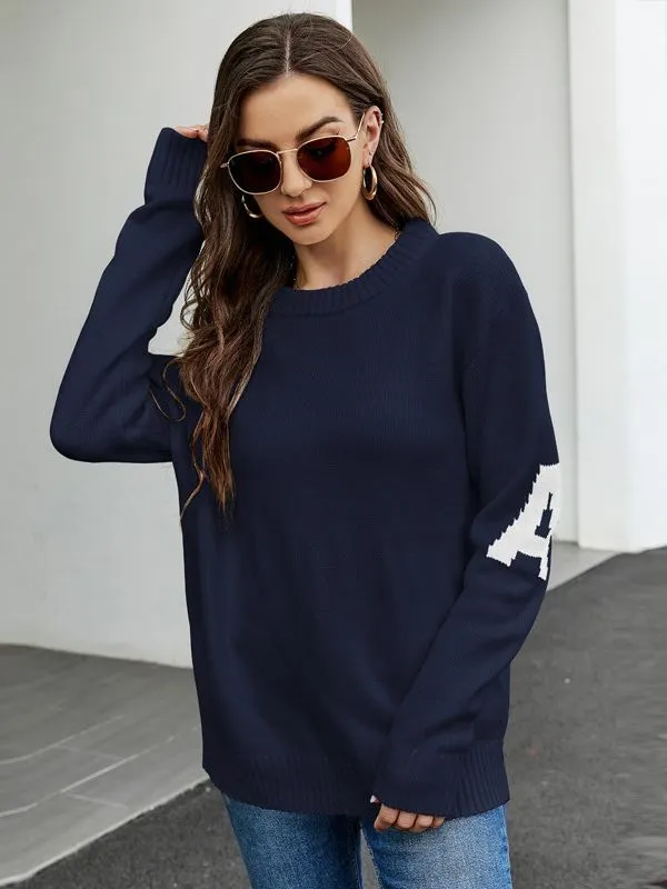 Letter Jacquard Casual Loose Pullover Sweater