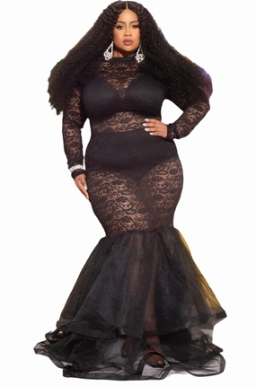 Final Sale Plus Size Full Length Lace Mermaid Gown with Tulle in Black Tear Resistant Fashionable Design