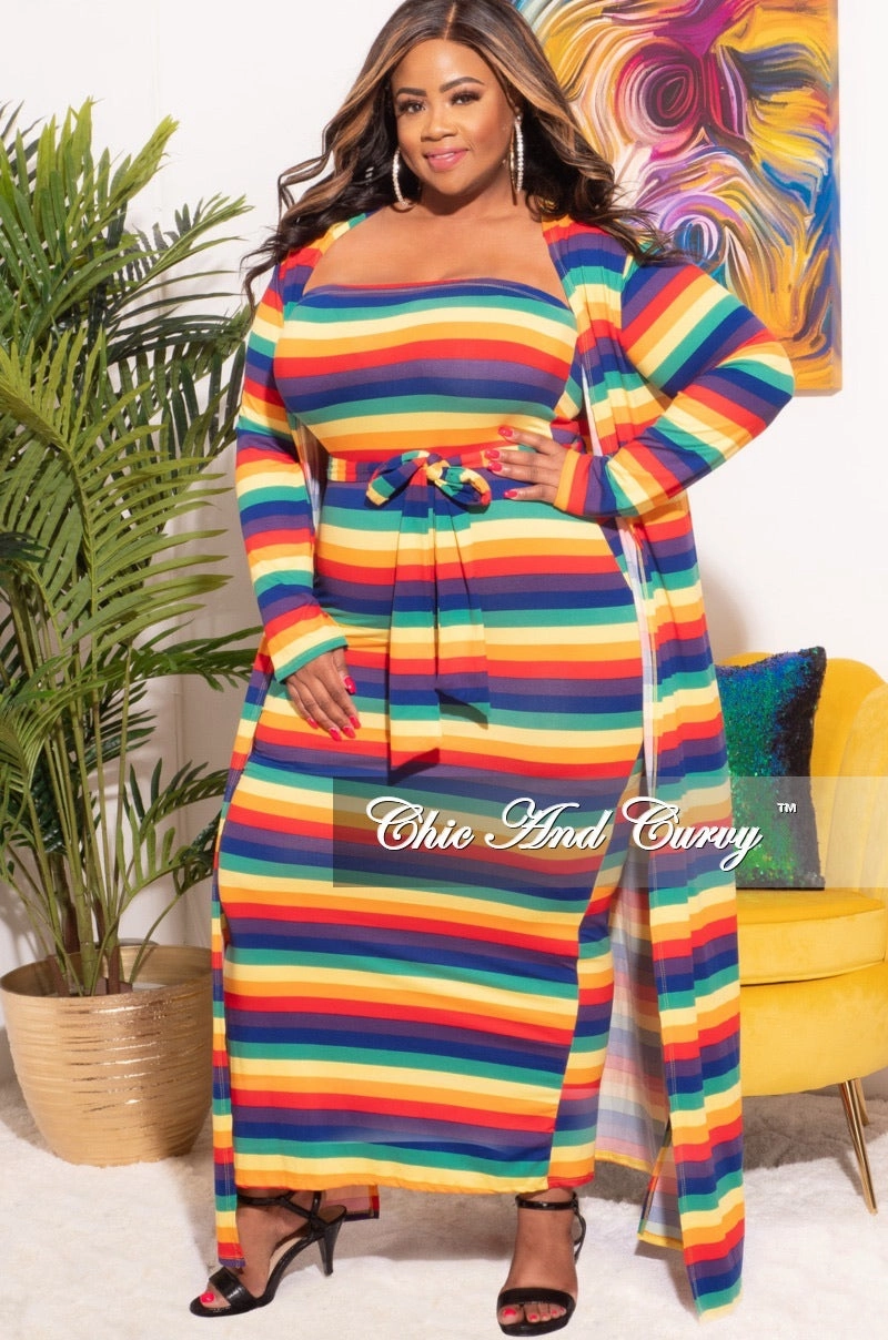 Utility Pockets Slim Stretch Fit Final Sale Plus Size 2pc Set Duster & Tube Dress in Rainbow Print