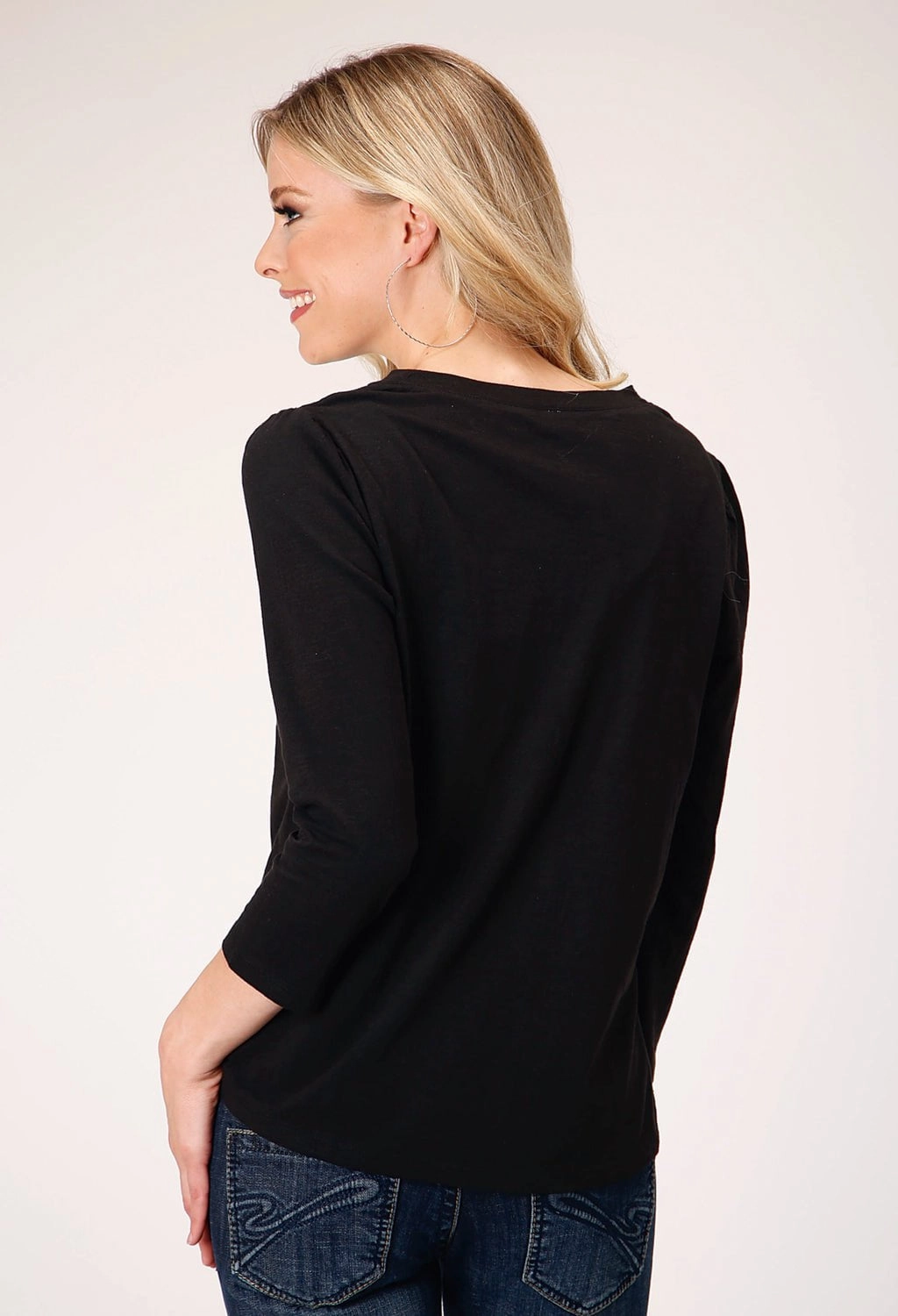 Relaxed Silhouette Roper Womens Curved Yokes Black 100% Cotton S/S T-Shirt