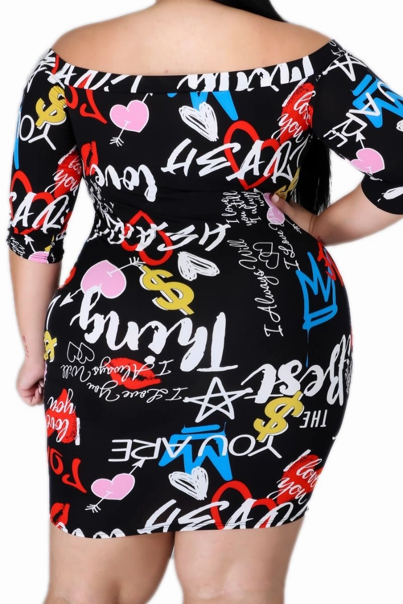 Breathable Base Abrasion Resistant Material Final Sale Plus Size Off the Shoulder Dress with Graphic Print