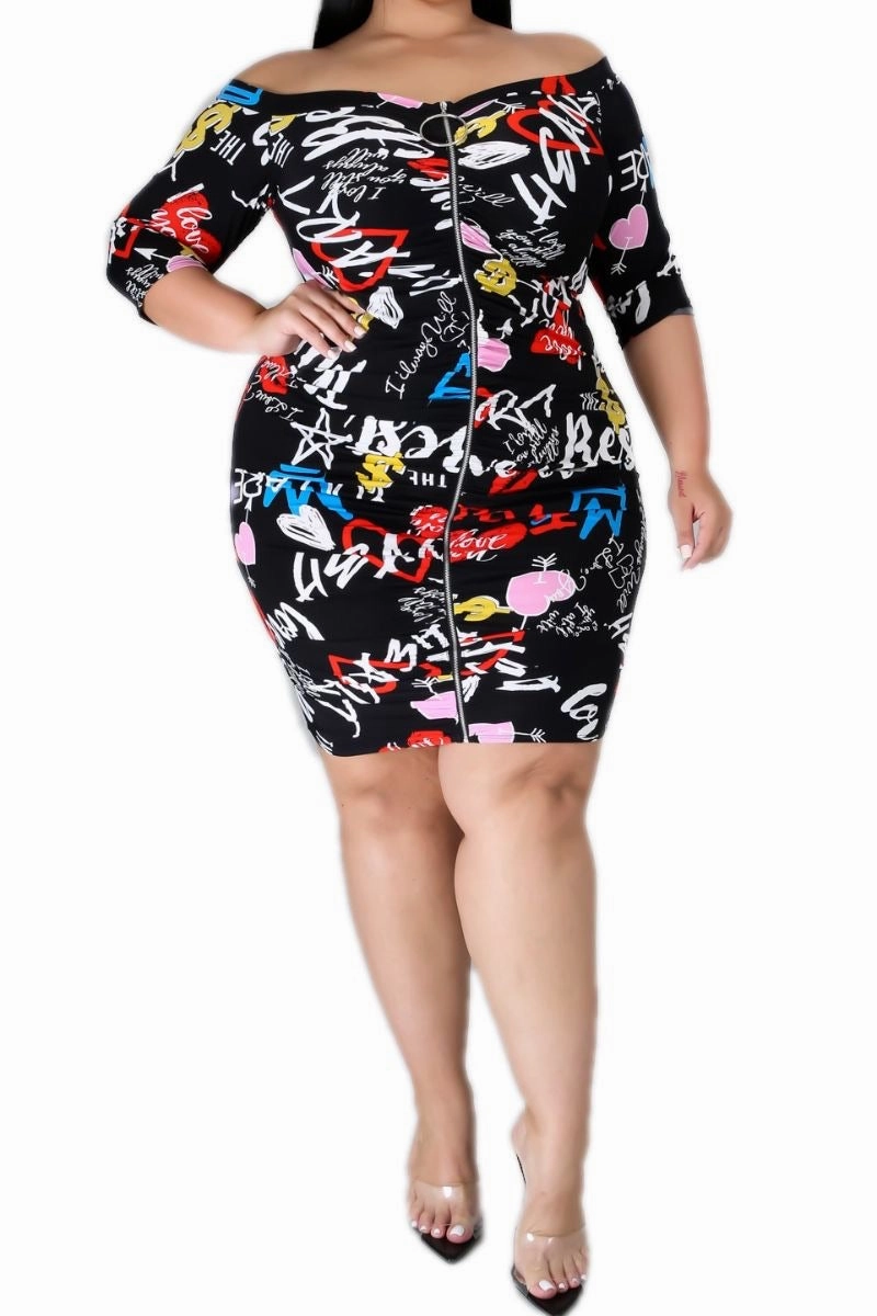 Final Sale Plus Size Off the Shoulder Dress with Graphic Print Zip Pocket Comfortable Design