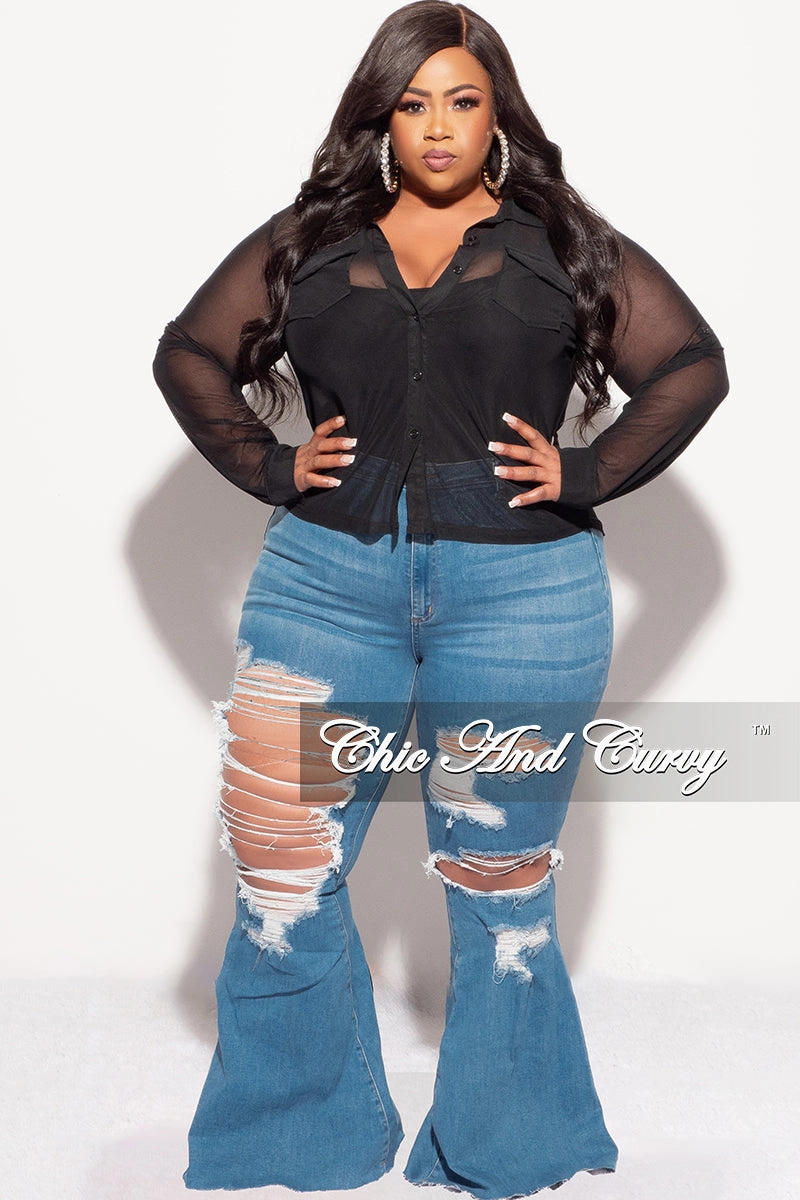 Stay Dry Chafe-Free Fit Final Sale Plus Size Sheer Mesh Collar Button Up Top in Black