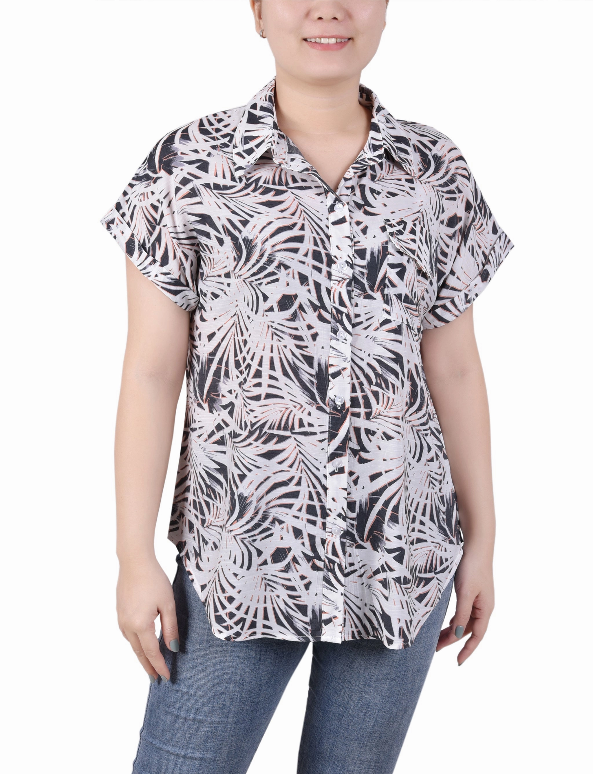 Petite Short Rolled Sleeve Button Front Blouse DropShoulder LowMaintenance Fabric