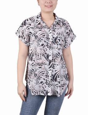 Petite Short Rolled Sleeve Button Front Blouse DropShoulder LowMaintenance Fabric