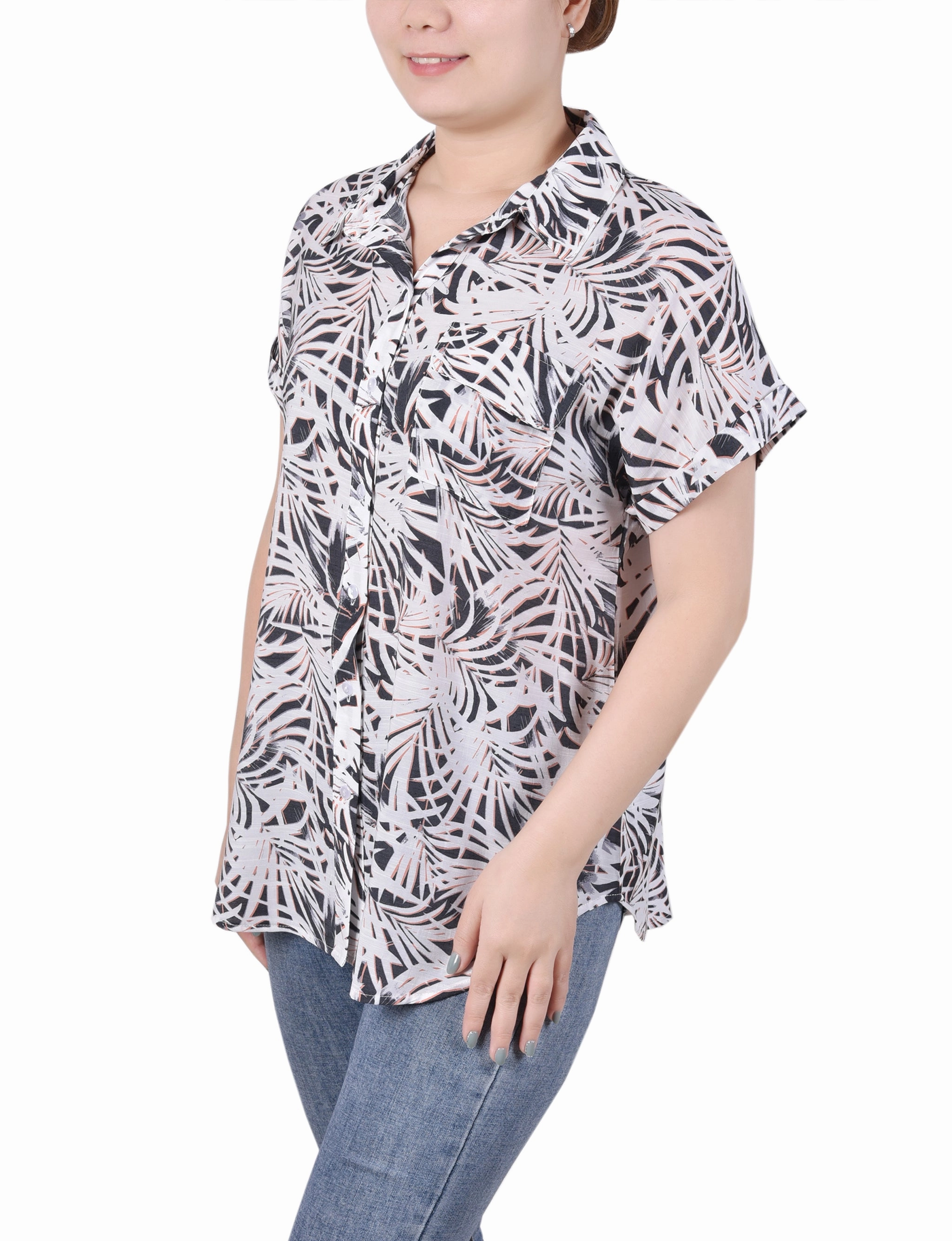 Anti Pilling Fabric Petite Short Rolled Sleeve Button Front Blouse