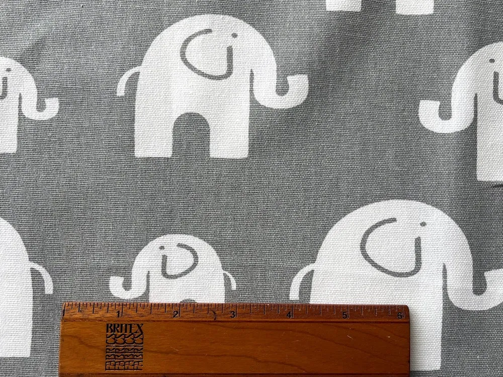 Lighter-Weight White Elephant Herd on Pigeon Grey Cotton Canvas (Made in USA)