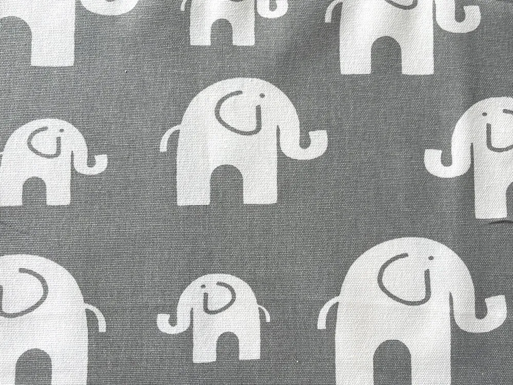 Lighter-Weight White Elephant Herd on Pigeon Grey Cotton Canvas (Made in USA)