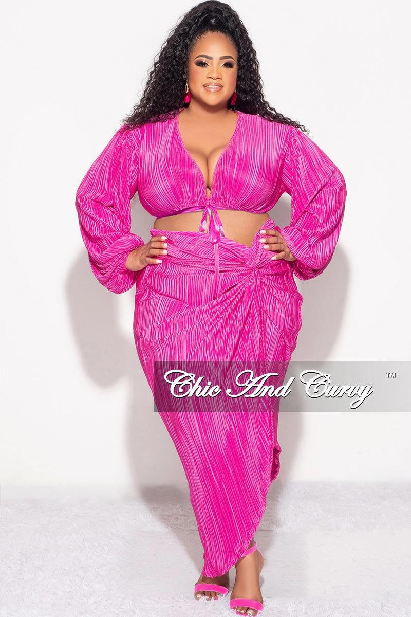 Final Sale Plus Size 2pc Pleated Crop Tie Top & Wrap Skirt Set in Fuchsia Compression Support Lining Mid Rise