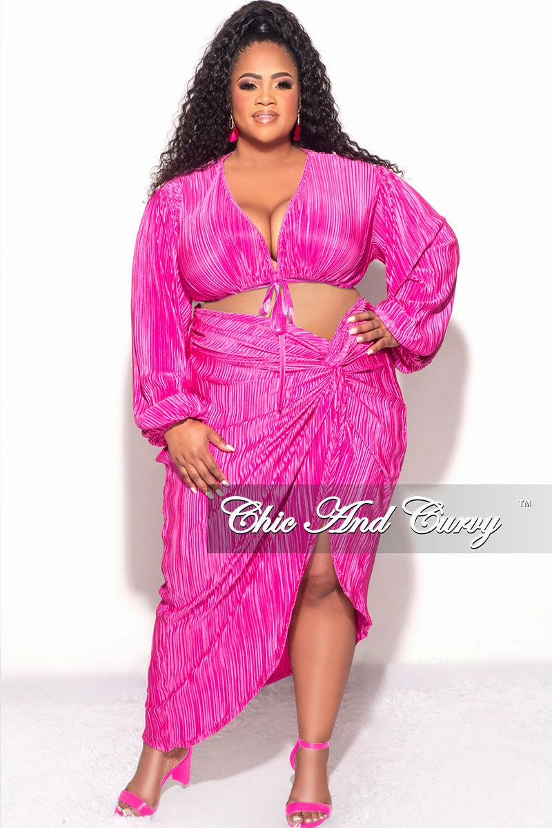 Sweat Wicking Lining Final Sale Plus Size 2pc Pleated Crop Tie Top & Wrap Skirt Set in Fuchsia