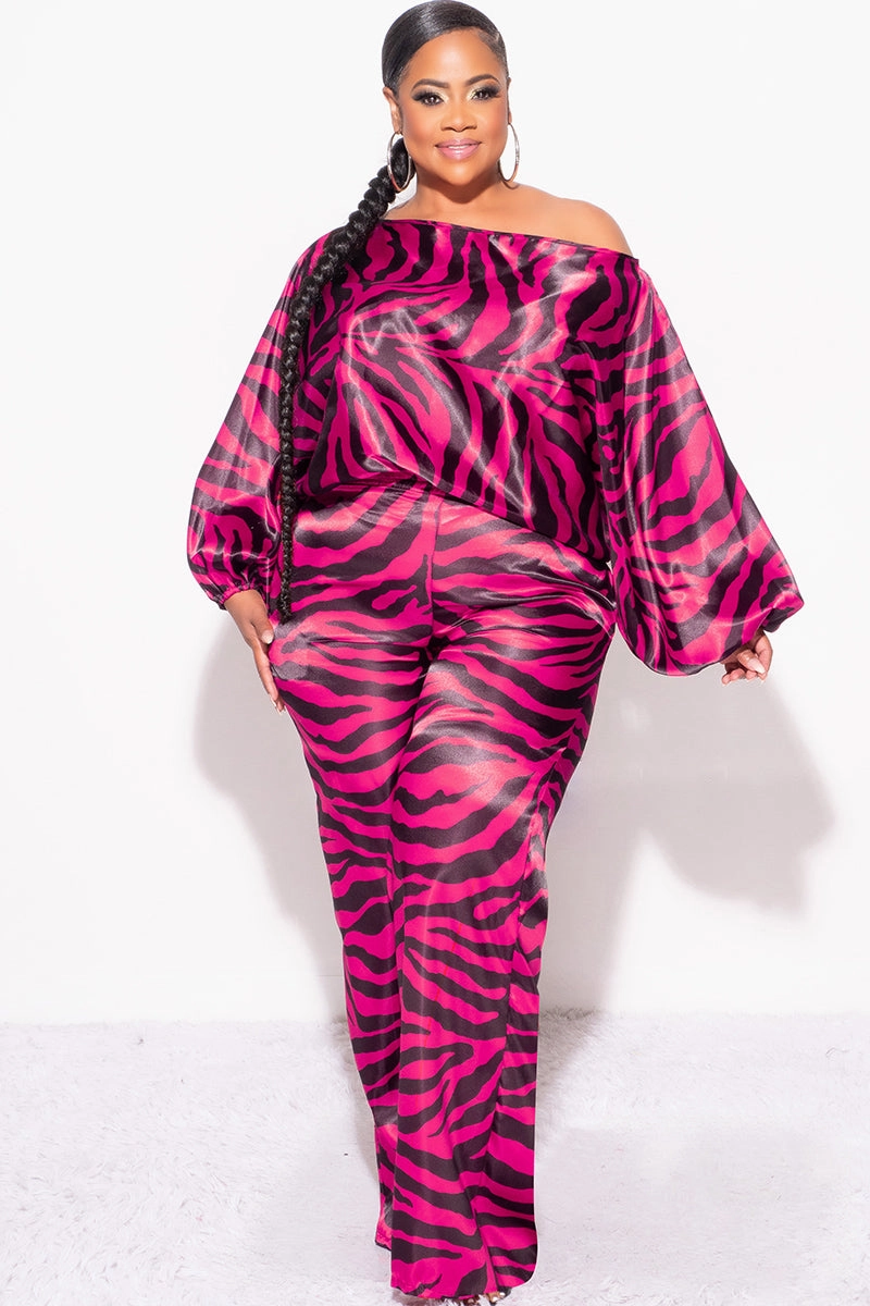 Sport Fit Final Sale Plus Size 2pc Satin Top and Palazzo Pants Set in Fuchsia and Black Zebra Print