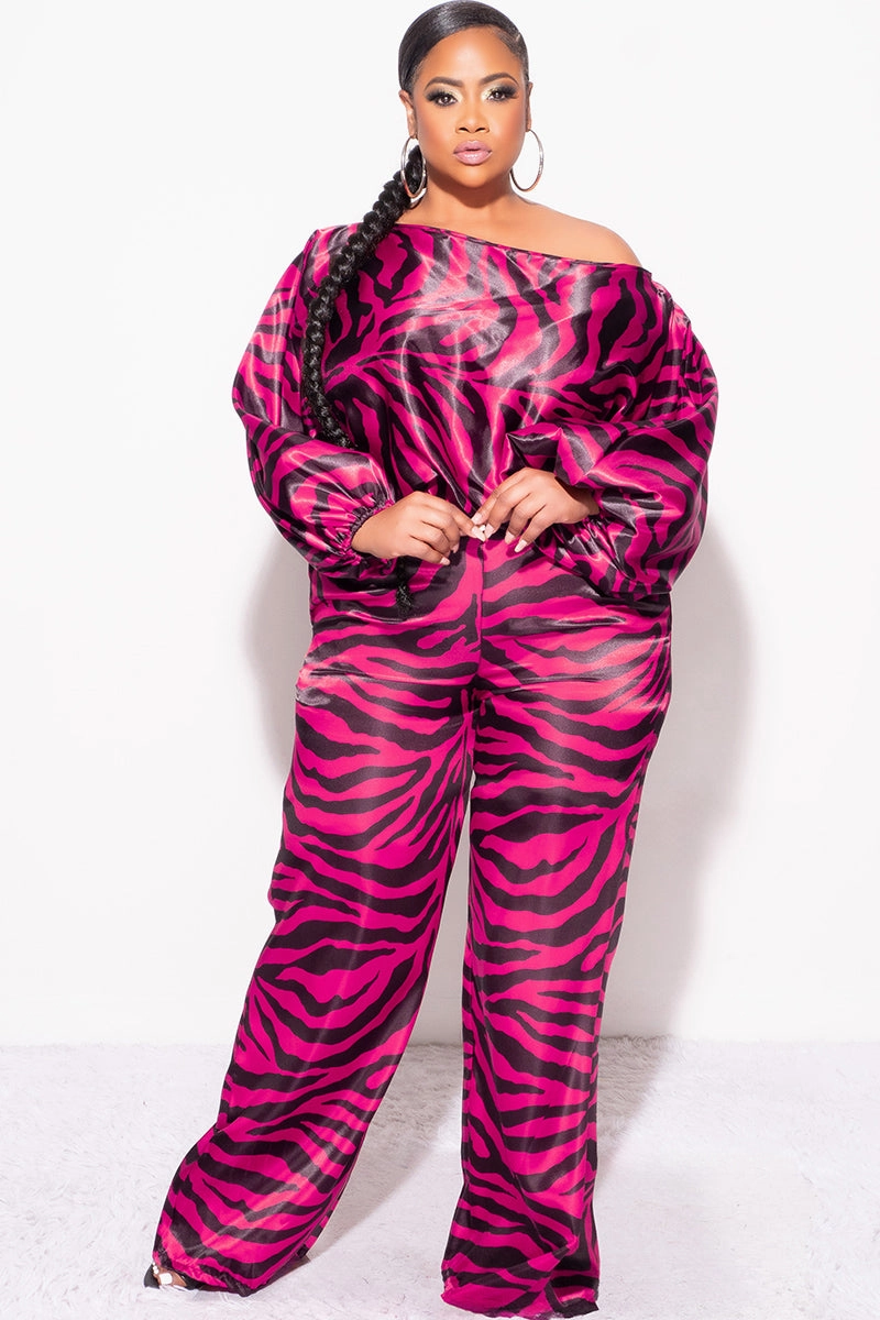 clean design Smooth Texture Final Sale Plus Size 2pc Satin Top and Palazzo Pants Set in Fuchsia and Black Zebra Print