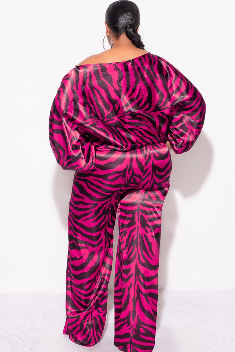 Relax Mode Lightweight insulation Final Sale Plus Size 2pc Satin Top and Palazzo Pants Set in Fuchsia and Black Zebra Print