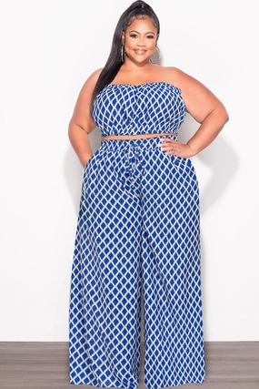 Athletic Comfort Casual Look Final Sale Plus Size 2pc Strapless Crop Top and Flare Pants Set In Royal Blue & White Print
