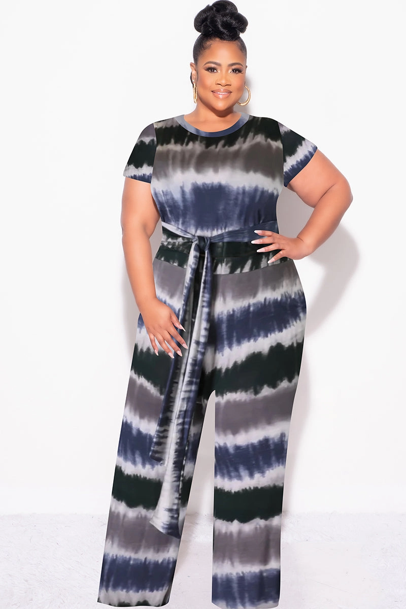 Final Sale Plus Size 2pc Crop Tie Top and Pants Set in Navy & Grey Sporty Layers Easy Movement