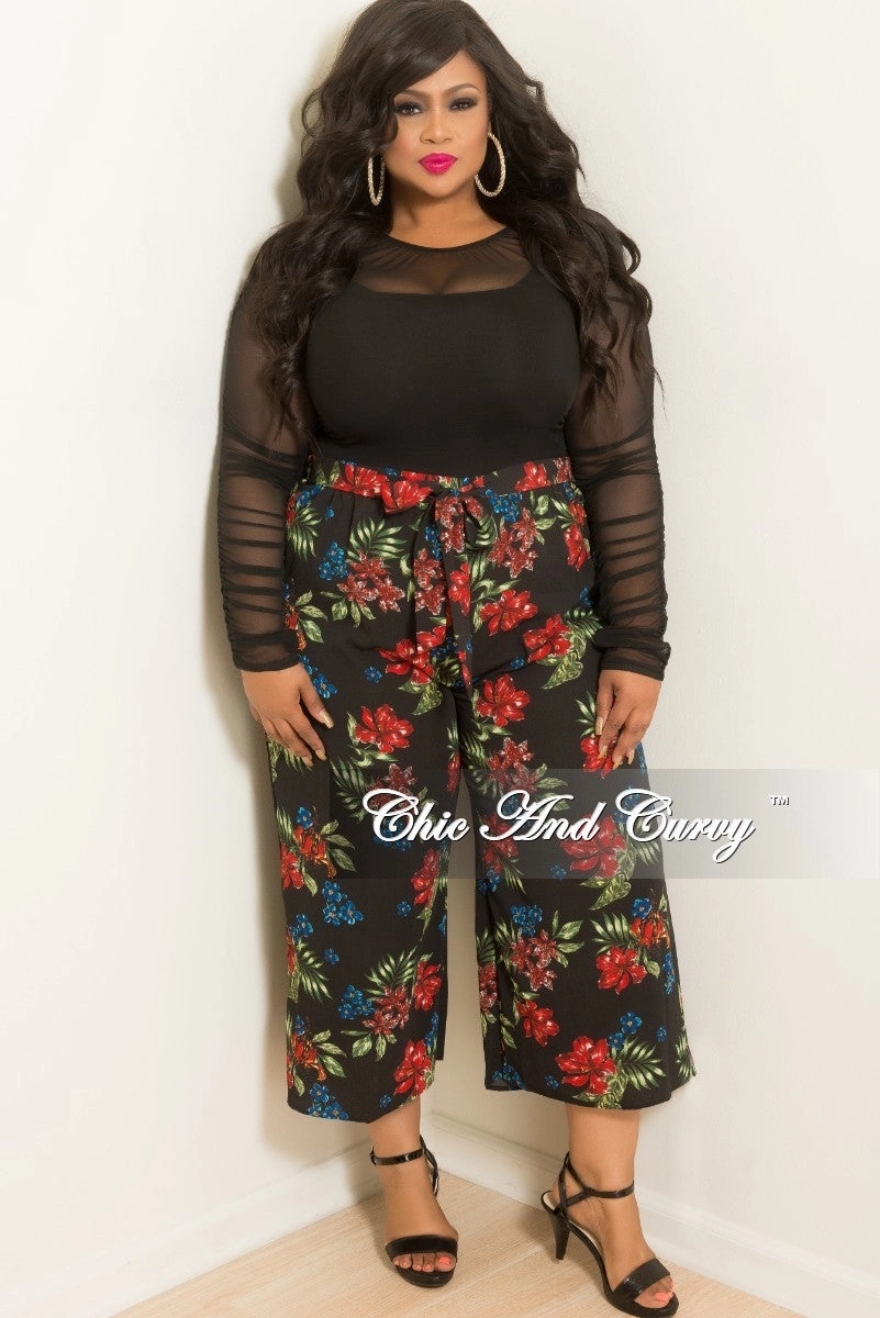 Final Sale Plus Size Loose Fitted Pants with Attached Tie in Black Floral Print Abrasion Resistant Surface Durable Stitching