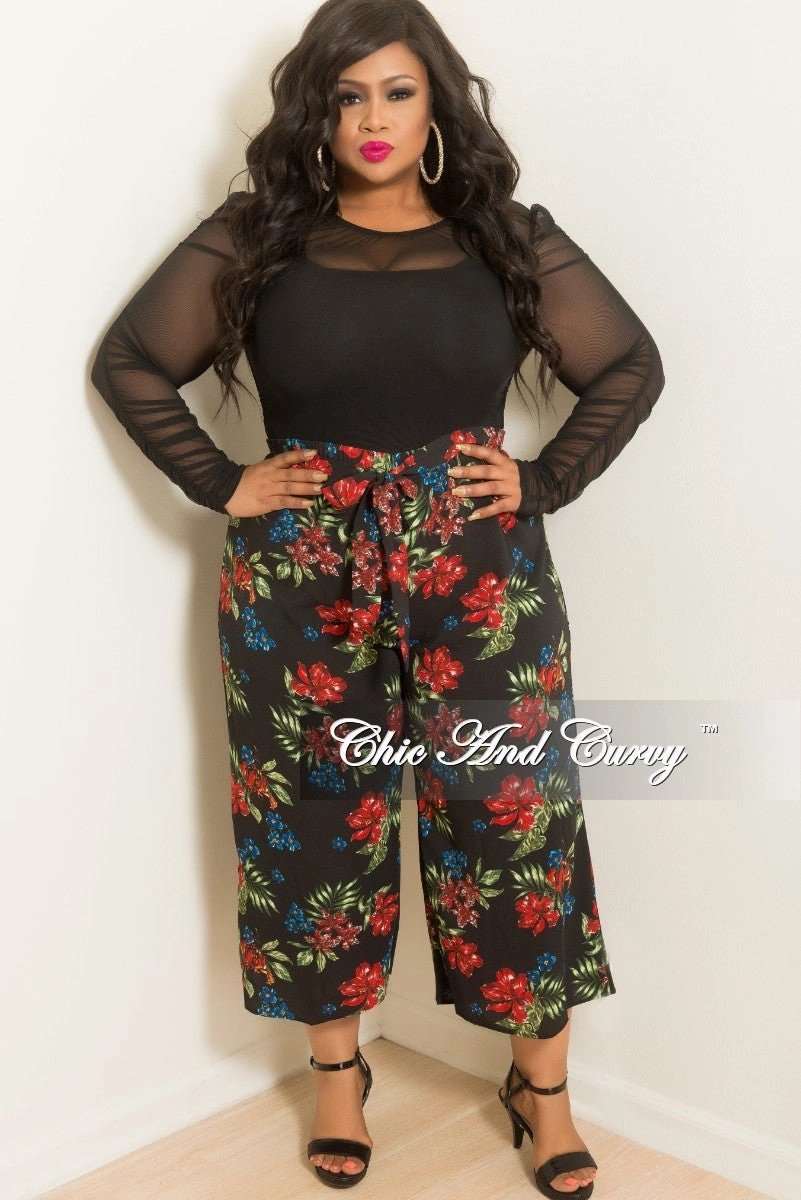 Windproof coating Final Sale Plus Size Loose Fitted Pants with Attached Tie in Black Floral Print