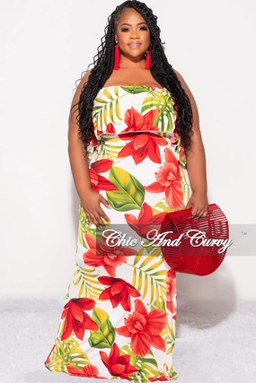 Final Sale Plus Size Off the Shoulder Ruffle Overlay Maxi Gown in White, Red, and Green Floral Print Flexible Look AntiSlipGrip